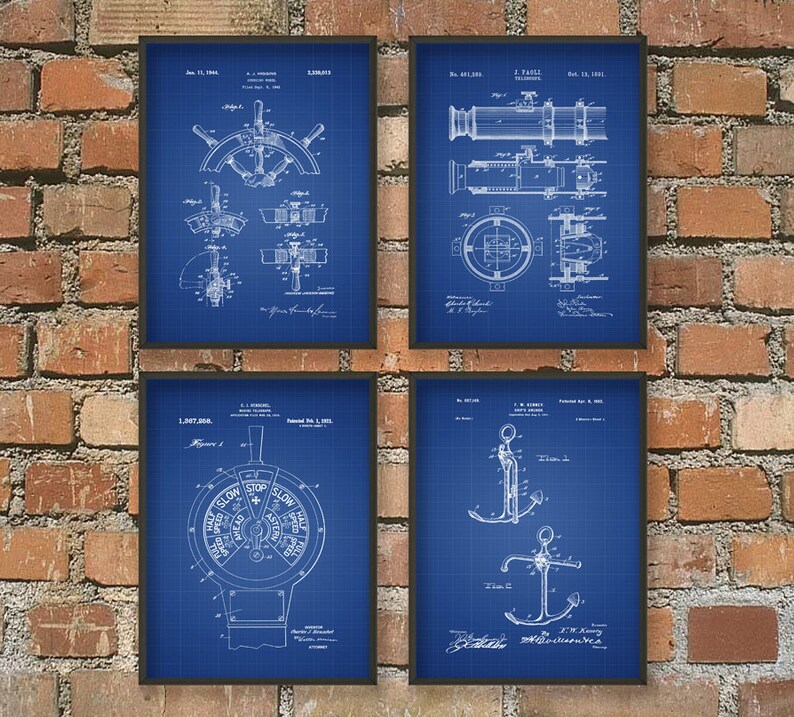 May include: Set of four vintage nautical blueprint style prints featuring a ship's wheel, a telescope, a ship's engine control, and an anchor. Each print has a patent number and date.