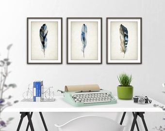 Blue Feather Print Set Of 3, Watercolor Feathers Wall Art Prints, Modern Home Decor, Bird Feather Posters, Watercolour Paintings