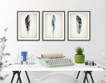 Blue Feather Print Set Of 3 - Watercolor Feathers Wall Art Print - Modern Home Decor - Bird Feather Poster - Watercolour Painting Art