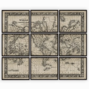May include: A vintage map of the world, divided into nine sections, showing the American continents, Europe, Asia, Africa, and Australia. The map is printed in black and white on a cream-colored background and features intricate details and decorative borders.
