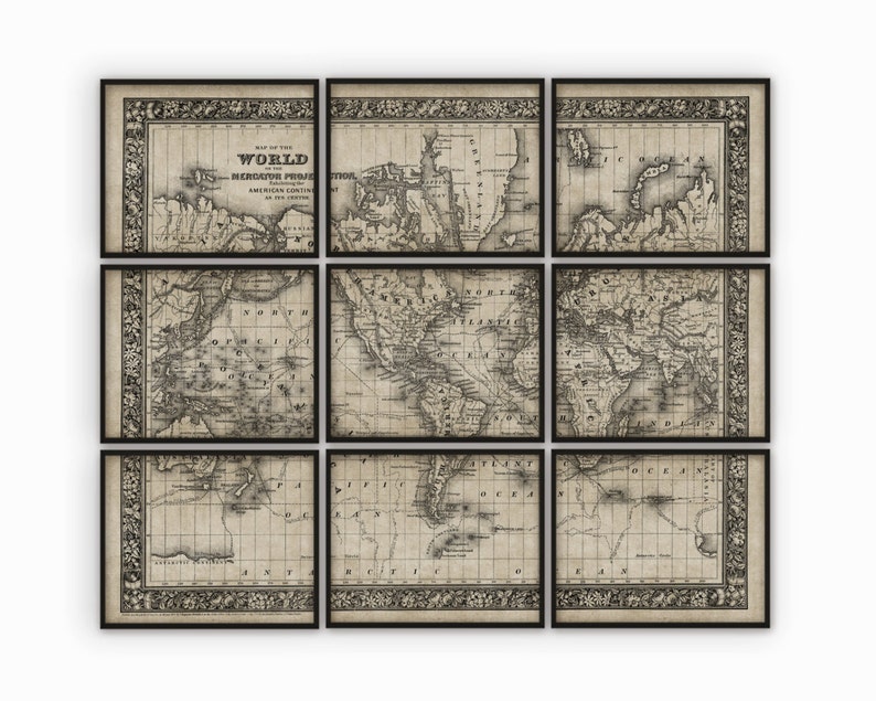 May include: A vintage map of the world, divided into nine sections, showing the American continents, Europe, Asia, Africa, and Australia. The map is printed in black and white on a cream-colored background and features intricate details and decorative borders.