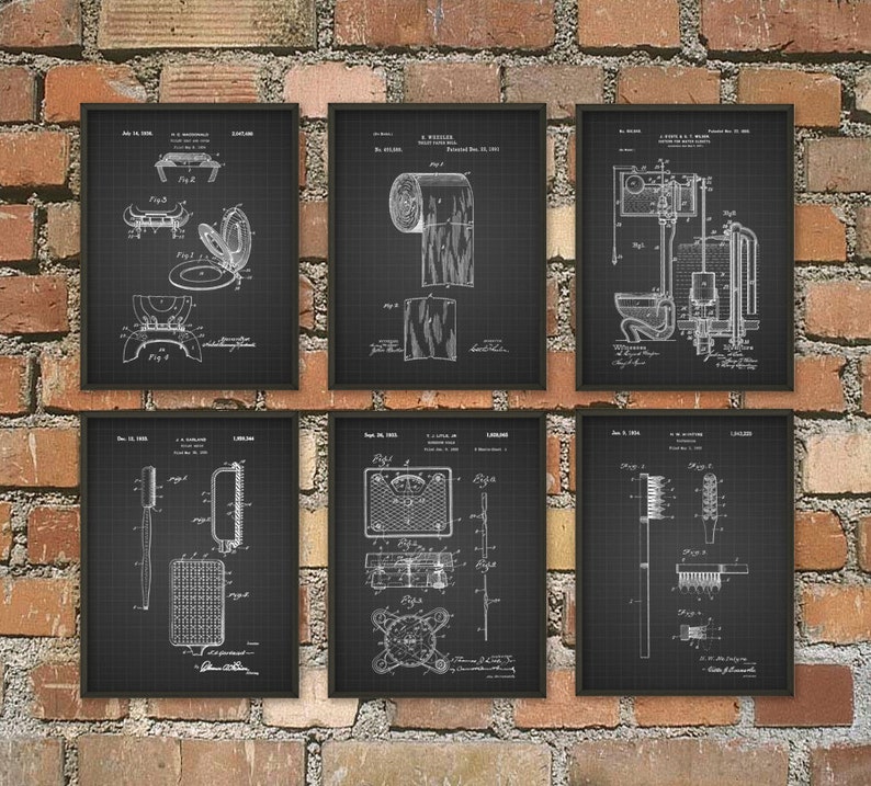 Toilet Inventions Patent Print Set of 6 - Bathroom Poster - Restroom ...