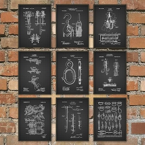 Rock & Mountain Climbing Patent Prints Set of 9 - Rock Climbing Wall Art - Mountaineering Poster Set Of Nine - Mountain Hiker Gift Idea