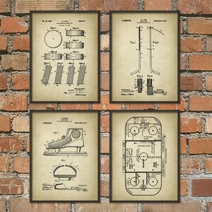 May include: Set of four vintage black and white illustrations of hockey equipment and a hockey rink diagram. The illustrations are on a cream background with black text. The text includes patent numbers, dates, and the names of the inventors. The illustrations show a hockey puck, a hockey stick, a hockey skate, and a hockey rink.
