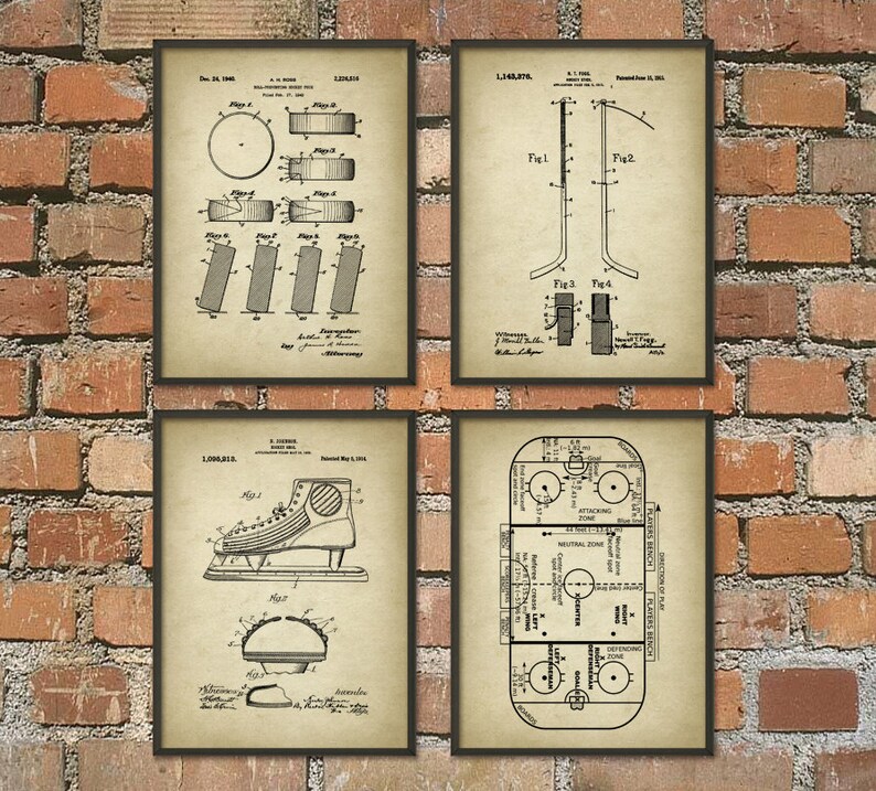 May include: Set of four vintage black and white illustrations of hockey equipment and a hockey rink diagram. The illustrations are on a cream background with black text. The text includes patent numbers, dates, and the names of the inventors. The illustrations show a hockey puck, a hockey stick, a hockey skate, and a hockey rink.