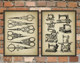 Sewing Art Prints Set of 2, Vintage Dressmaking Scissors and Sewing Machine Illustrations, Seamstress Gift Idea, Sewing Room Decor