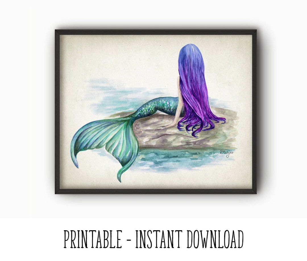 PRINTABLE Mermaid Watercolor Wall Art Print, Mermaid Painting Poster