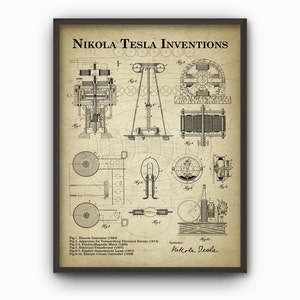 Peut inclure: Une illustration de style vintage des inventions de Nikola Tesla, comprenant un g&eacute;n&eacute;rateur &eacute;lectrique, un appareil de transmission d'&eacute;nergie &eacute;lectrique, un moteur &eacute;lectromagn&eacute;tique, un transformateur &eacute;lectrique, une lampe &agrave; incandescence et un contr&ocirc;leur de circuit. L'illustration est en noir et blanc et a un fond brun.