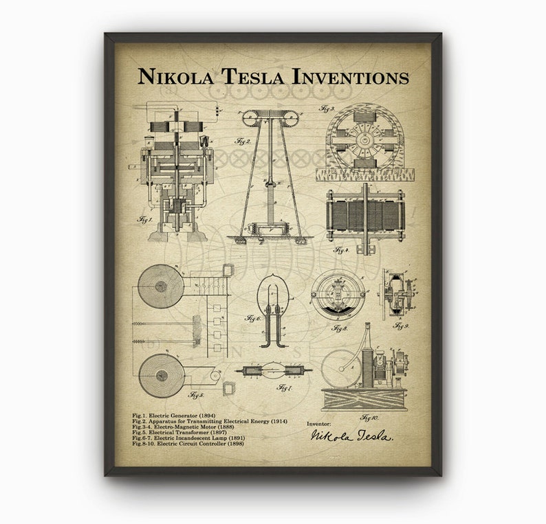 Peut inclure: Une illustration de style vintage des inventions de Nikola Tesla, comprenant un g&eacute;n&eacute;rateur &eacute;lectrique, un appareil de transmission d'&eacute;nergie &eacute;lectrique, un moteur &eacute;lectromagn&eacute;tique, un transformateur &eacute;lectrique, une lampe &agrave; incandescence et un contr&ocirc;leur de circuit. L'illustration est en noir et blanc et a un fond brun.
