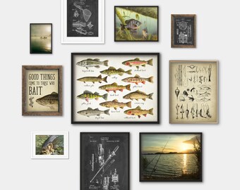 Fishing Theme Gallery Wall Art Set of 10 Prints, Lake Fishing Lure Rod Reel Tackle, Trout Bass Pike Mancave Decor Patent Husband Angler Gift