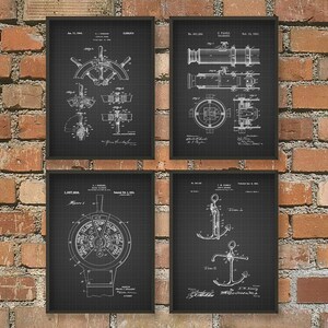 May include: Set of four black and white nautical themed patent prints. The prints feature a ship's wheel, a cannon, a ship's engine control, and an anchor. Each print has a black background with white lines and text.