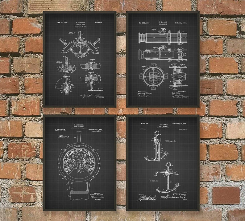 May include: Set of four black and white nautical themed patent prints. The prints feature a ship's wheel, a cannon, a ship's engine control, and an anchor. Each print has a black background with white lines and text.