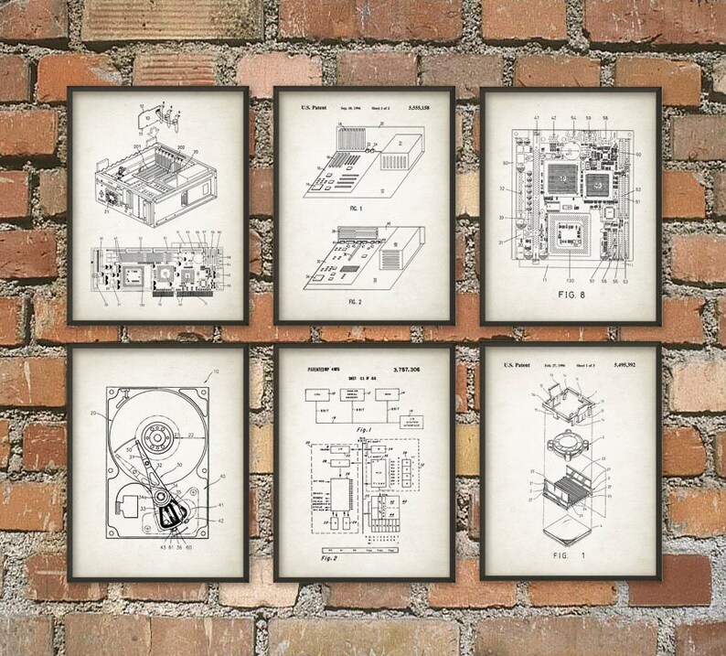 Computer Patent Wall Art Poster Set of 6 Computer Room Home Decor IT Student Gift Idea Hard Drive Motherboard CPU Geek Art Print image 5