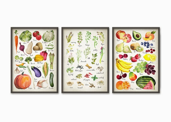 Kitchen Cooking Poster Set Of 3 - Watercolor Vegetables, Fruit, Herbs And Spices Kitchen Art - Food Watercolour Painting Wall Art Print