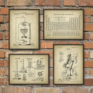 May include: Set of four vintage scientific illustrations printed on aged paper. The illustrations include a periodic table of elements, a microscope, and two different apparatuses. The illustrations are framed in black frames and are displayed against a brick wall.