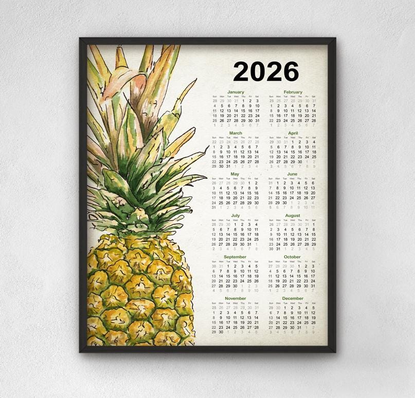 Pineapple Calendar 2026 #2, Watercolor Pineapple Painting, Tropical ...
