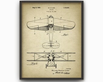 Biplane Patent Print, 1929 Aircraft Design Schematic, Vintage Aeroplane Poster, Plane Invention Wall Art