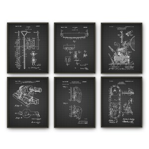 May include: Set of six black and white vintage patent drawings for various tools and machines. Each drawing is framed with a black border and features a grid pattern background. The drawings include a tool for removing ice, a saw, a machine for making roofing shingles, a machine for making metal tubing, a machine for making wire, and a machine for making nails.
