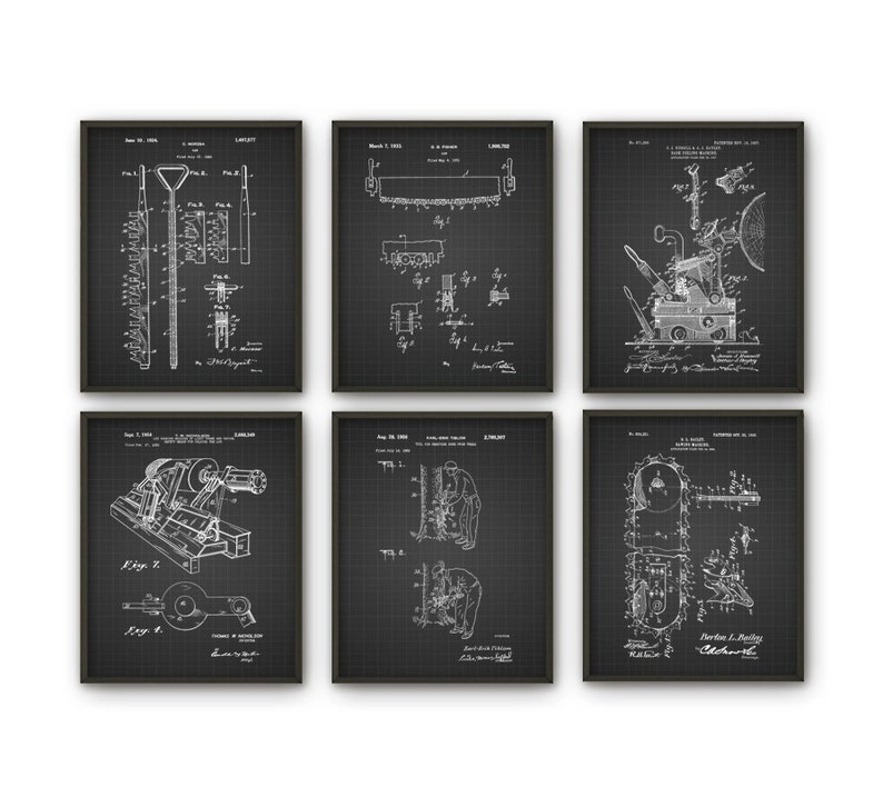 May include: Set of six black and white vintage patent drawings for various tools and machines. Each drawing is framed with a black border and features a grid pattern background. The drawings include a tool for removing ice, a saw, a machine for making roofing shingles, a machine for making metal tubing, a machine for making wire, and a machine for making nails.