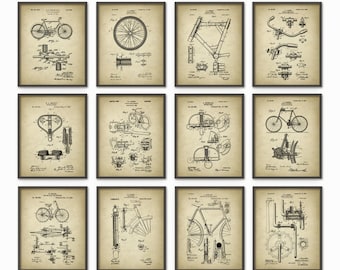 Bicycle Patent Prints Set of 12, Cycling Inventions, Bicycle Wall Art Posters, Handlebar Pedal Frame Wheel Cycling Gift Idea