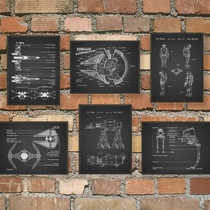 May include: A set of 10 black and white Star Wars blueprints. Each blueprint features a different starship or vehicle, including the X-Wing, TIE Fighter, TIE Interceptor, Millennium Falcon, AT-AT, AT-ST, and more. The blueprints are printed on high-quality paper and are perfect for framing.