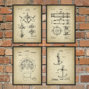 Sailing Patent Prints Set of 4, Nautical Patent Poster, Marine Art, Sailboat, Inventions of Sailing, Anchor Patent, Ship Wall Art