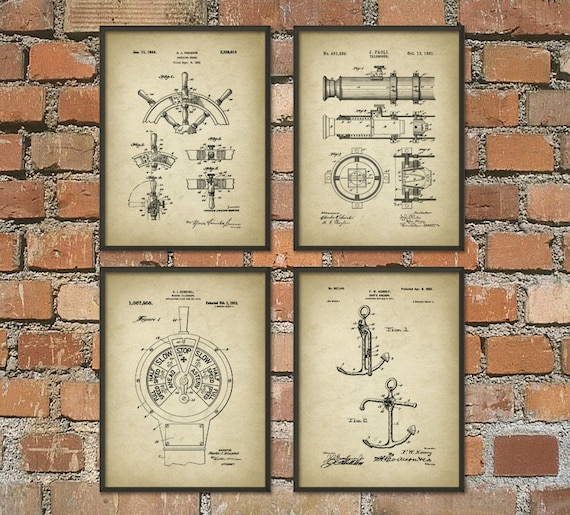 Sailing Patent Prints Set of 4, Nautical Patent Poster, Marine Art, Sailboat, Inventions of Sailing, Anchor Patent, Ship Wall Art