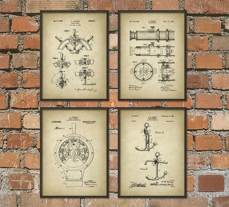 May include: Set of four vintage nautical patent prints featuring a ship's wheel, a telescope, a ship's engine control, and an anchor. Each print is in black and white and has a vintage aesthetic.