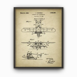 May include: Black and white line drawing of a vintage airplane patent. The patent is for an aircraft wing construction and was filed on August 12, 1929. The patent number is 1,848,390. The patent is for a design by Igor Sikorsky.