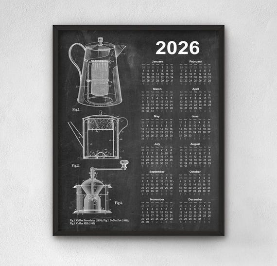 Coffee Brewing Patent Calendar 2026, Vintage Wall Art, Percolator