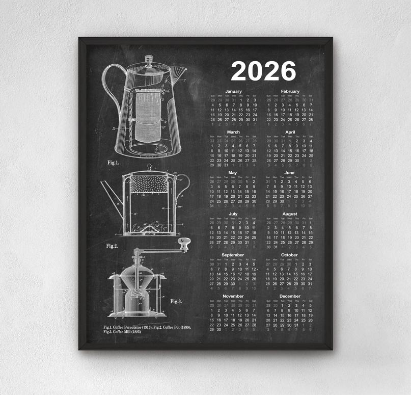 Coffee Brewing Patent Calendar 2026, Vintage Wall Art, Percolator
