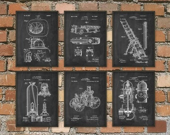 Firefighting Patent Prints Set Of 6 - Firefighter Art Posters - Fireman - Fire House - Fire Equipment - Home Decor - Giclee Art Print