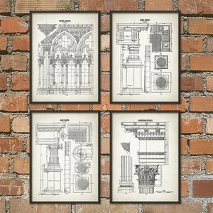 May include: Set of four vintage architectural prints featuring detailed drawings of a gothic archway, Ionic order, Doric order, and Corinthian details. The prints are black and white and have a distressed look.