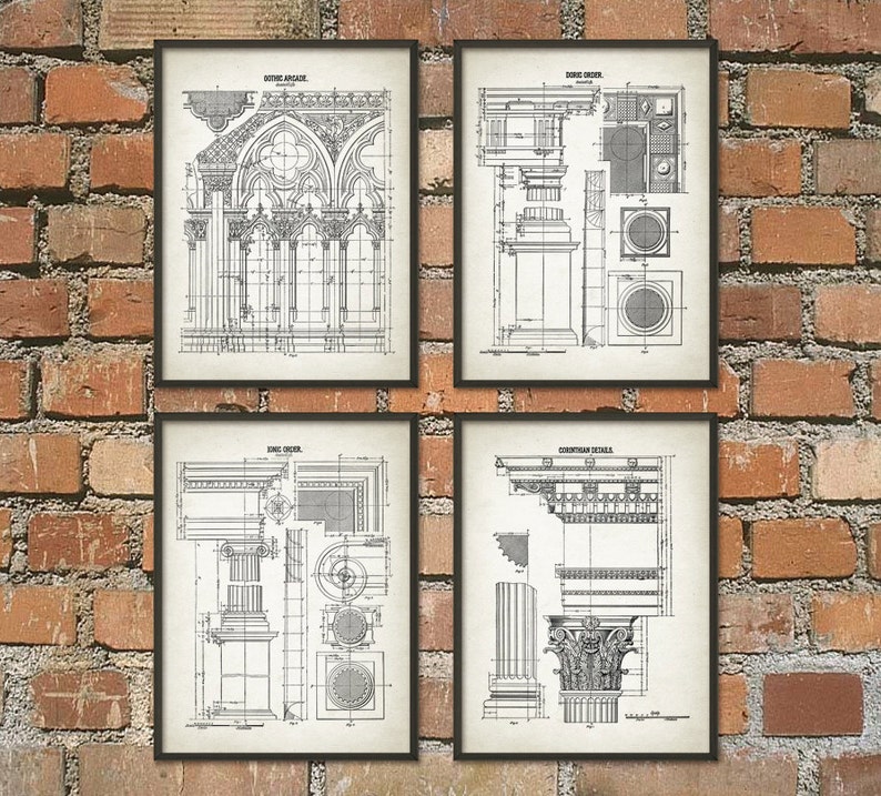 May include: Set of four vintage architectural prints featuring detailed drawings of a gothic archway, Ionic order, Doric order, and Corinthian details. The prints are black and white and have a distressed look.