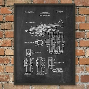 Trumpet Patent Print - Trumpet Design - Musical Instrument - Brass Instrument - Music Room Decor - Brass Band Art - Musician Gift Idea