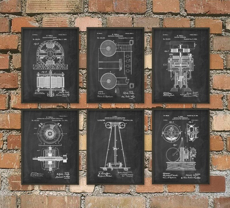 Tesla Patent Prints Nikola Tesla Engineering Invention Patent Tesla Motors Tesla Coil Generator Electric Circuit Poster Set Of 6 Chalkboard