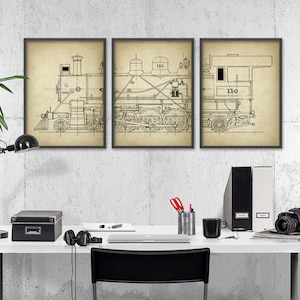 Steam Engine Locomotive Wall Art Poster Set of 3 - Train Print Set - Railroad Wall Art - Railway Enthusiast Gift Idea - Locomotive