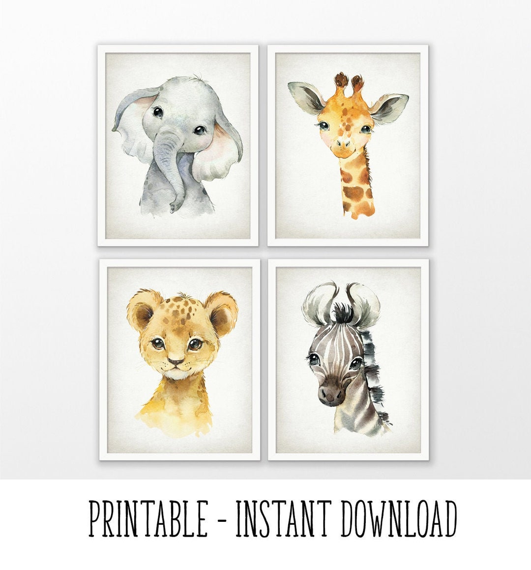 PRINTABLE Cute ZOO Animals Print Set of 4, Baby Animal Nursery Wall Art ...