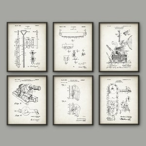 May include: Set of six vintage black and white patent drawings for various tools and machinery. The drawings include a saw, a chain saw, a tool for cutting wood, a tool for sharpening tools, and a tool for making holes. The drawings are framed in black frames and have a white background.