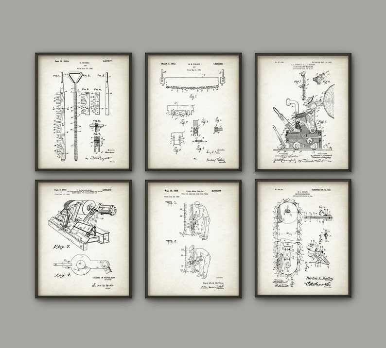 May include: Set of six vintage black and white patent drawings for various tools and machinery. The drawings include a saw, a chain saw, a tool for cutting wood, a tool for sharpening tools, and a tool for making holes. The drawings are framed in black frames and have a white background.