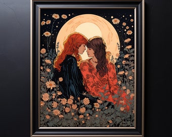 Two Girls LGBTQ+ Lesbian Art, Girlfriends Mystical Moon and Flowers Print, Celestial Floral Dark Wall Art