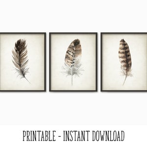 PRINTABLE Set of 3 Feather Images, Watercolor Feathers Painting Wall ...