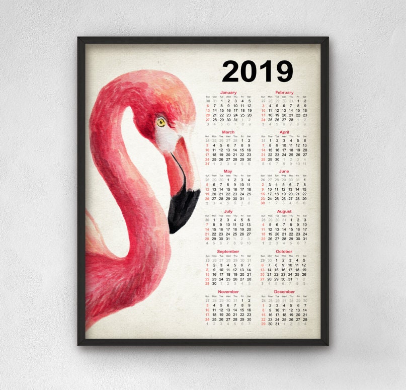 Flamingo Calendar 2019 Pink Flamingo Watercolor Art Etsy
