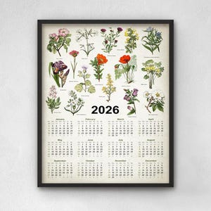 Garden Flowers 2026 Calendar, Vintage Botanical Wall Art, Colorful Flowers Kitchen Decor, Rustic Farmhouse Kitchen Flower Art