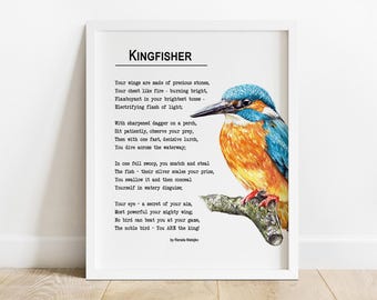 Poema del martín pescador, arte mural sobre la naturaleza, póster de poesía sobre aves, arte de aves pescadoras de río