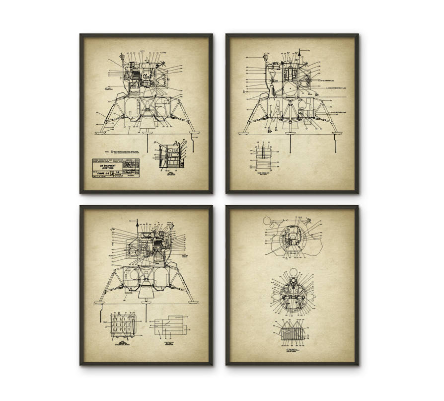 Apollo Lunar Module Patent Print Set Of 4, Apollo spacecraft, Moon Landing Space Exploration, NASA Spacecraft, Unites States Spacecraft