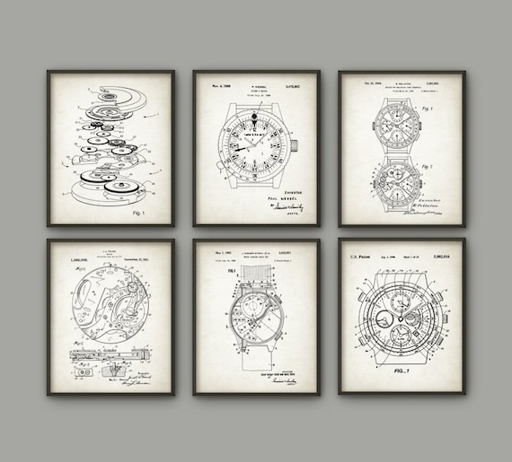 Watch Wall Art Set Of 6 Prints, Watch Mechanism, Watch Schematic, Watch Invention, Watch Patent Design, Vintage Watch, Steampunk Art