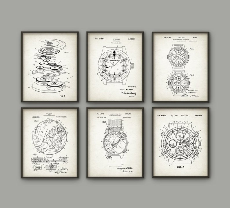 Watch Wall Art Set Of 6 Prints, Watch Mechanism, Watch Schematic, Watch Invention, Watch Patent Design, Vintage Watch, Steampunk Art Light Ivory
