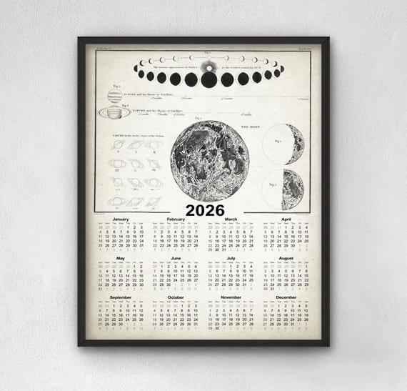 Vintage Astronomy Calendar 2026, Vintage Moon Illustration, Moon