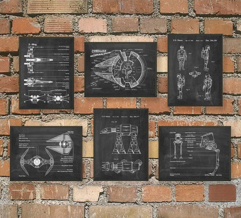 Vaisseau spatial, lot de 6 estampes, art mural vaisseau spatial de science-fiction, art SCI FI, exploration de l'espace Chalkboard